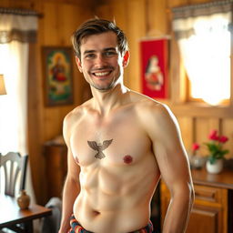 A semi-naked typical joyful Polish man indoors, standing in a cozy, warmly lit room