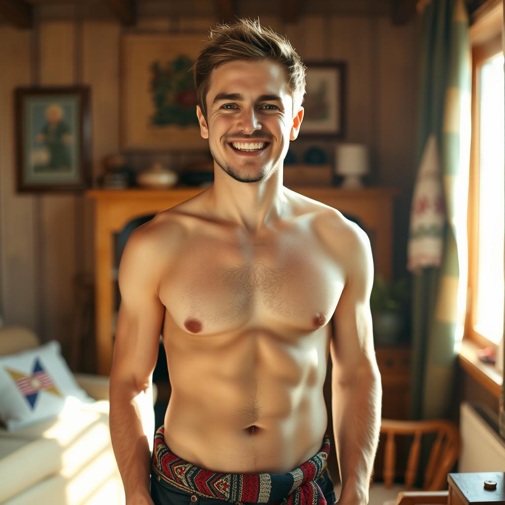 A semi-naked typical joyful Polish man indoors, standing in a cozy, warmly lit room