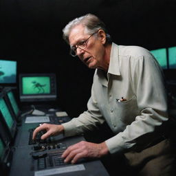 Create an image of John Hammond in the dimly lit control room, communicating over the radio with Alan Grant, asking him to check on the T-Rex Paddock under the clear moonlight.