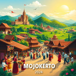 A vibrant and detailed illustration showcasing the rich cultural heritage of Mojokerto, Indonesia for 2024