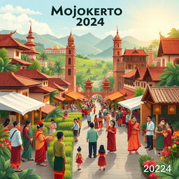 A vibrant and detailed illustration showcasing the rich cultural heritage of Mojokerto, Indonesia for 2024