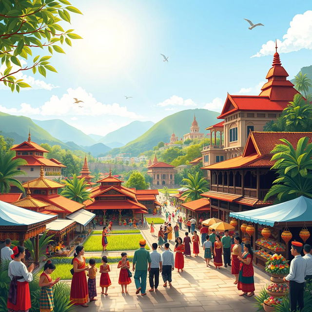 A vibrant and detailed illustration showcasing the rich cultural heritage of Mojokerto, Indonesia for 2024