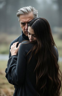 A man with a stiff, cold expression is hugging a woman from behind