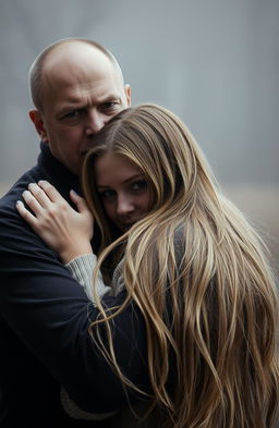 A man with a stiff, cold expression is hugging a woman from behind