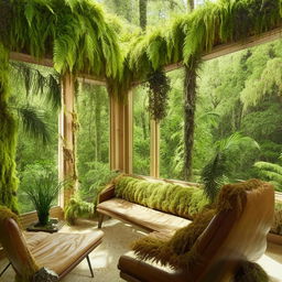 A room styled with influence from nature, featuring natural wood furniture, green palm plants, mossy wall decor, and sunny, large windows overlooking a scenic forest.