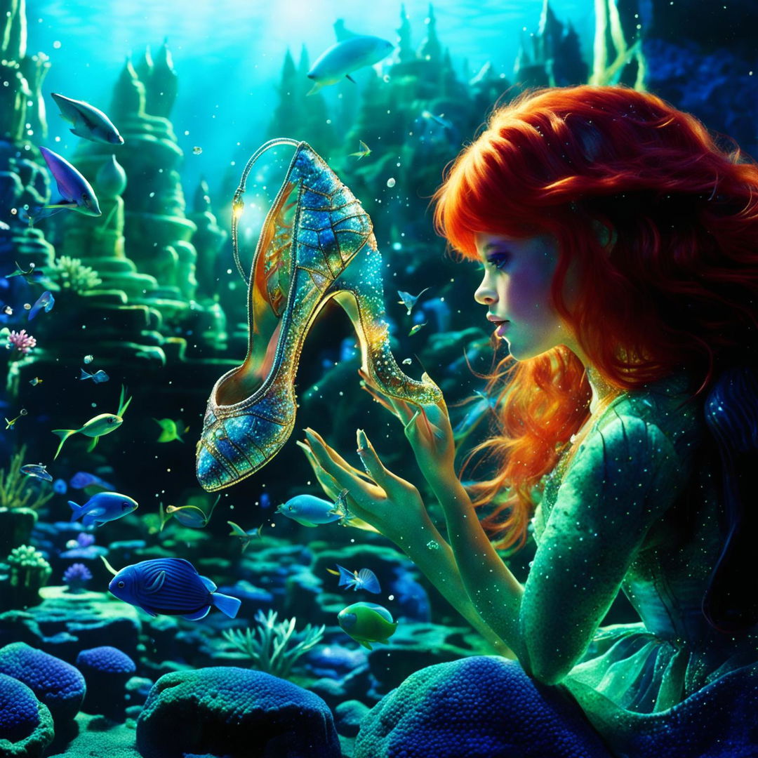 Underwater in Atlantis, Ariel discovers Cinderella's glass slipper glowing ethereally amidst bioluminescent corals and curious sea creatures.