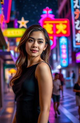A beautiful young woman standing in a vibrant city at night, illuminated by colorful neon lights