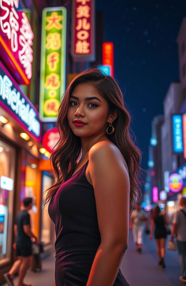 A beautiful young woman standing in a vibrant city at night, illuminated by colorful neon lights