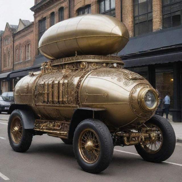 A Gaspunk armored vehicle, inspired by Edwardian aesthetics and gas-powered mechanics. Imagine a brass vehicle coated with ornate decoration, large inflated balloon tires, multicolored gas-lit lamps, and visible gas-filled tubes powering the vehicle