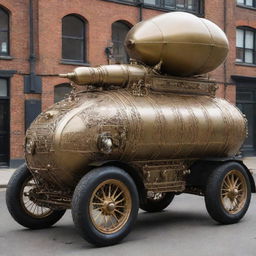 A Gaspunk armored vehicle, inspired by Edwardian aesthetics and gas-powered mechanics. Imagine a brass vehicle coated with ornate decoration, large inflated balloon tires, multicolored gas-lit lamps, and visible gas-filled tubes powering the vehicle