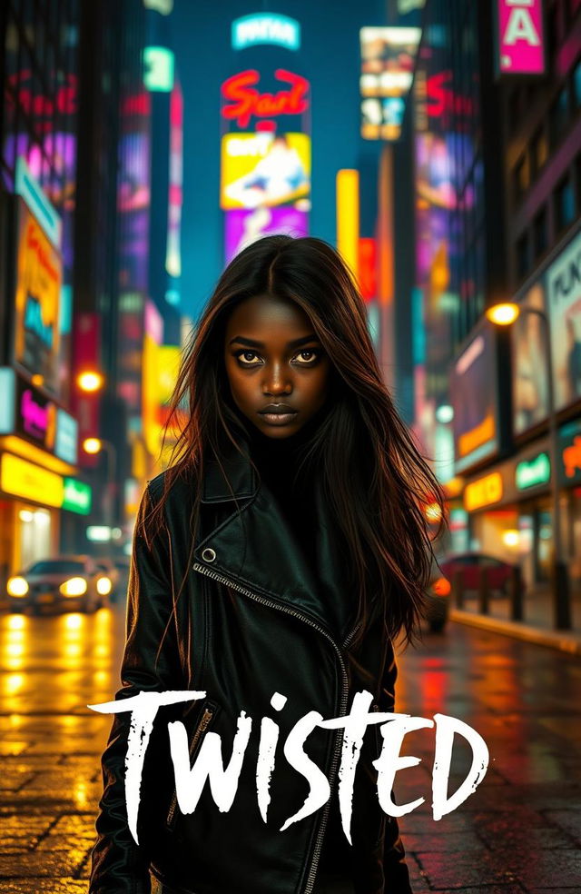 A mysterious dark-skinned girl with striking features, standing confidently in a vibrant, neon-lit city at night