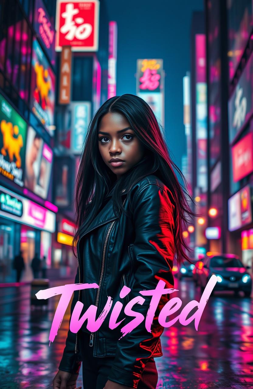 A mysterious dark-skinned girl with striking features, standing confidently in a vibrant, neon-lit city at night