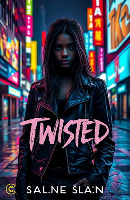 A mysterious dark-skinned girl with striking features, standing confidently in a vibrant, neon-lit city at night