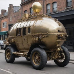 A Gaspunk armored vehicle, inspired by Edwardian aesthetics and gas-powered mechanics. Imagine a brass vehicle coated with ornate decoration, large inflated balloon tires, multicolored gas-lit lamps, and visible gas-filled tubes powering the vehicle