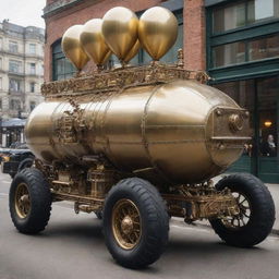 A Gaspunk armored vehicle, inspired by Edwardian aesthetics and gas-powered mechanics. Imagine a brass vehicle coated with ornate decoration, large inflated balloon tires, multicolored gas-lit lamps, and visible gas-filled tubes powering the vehicle