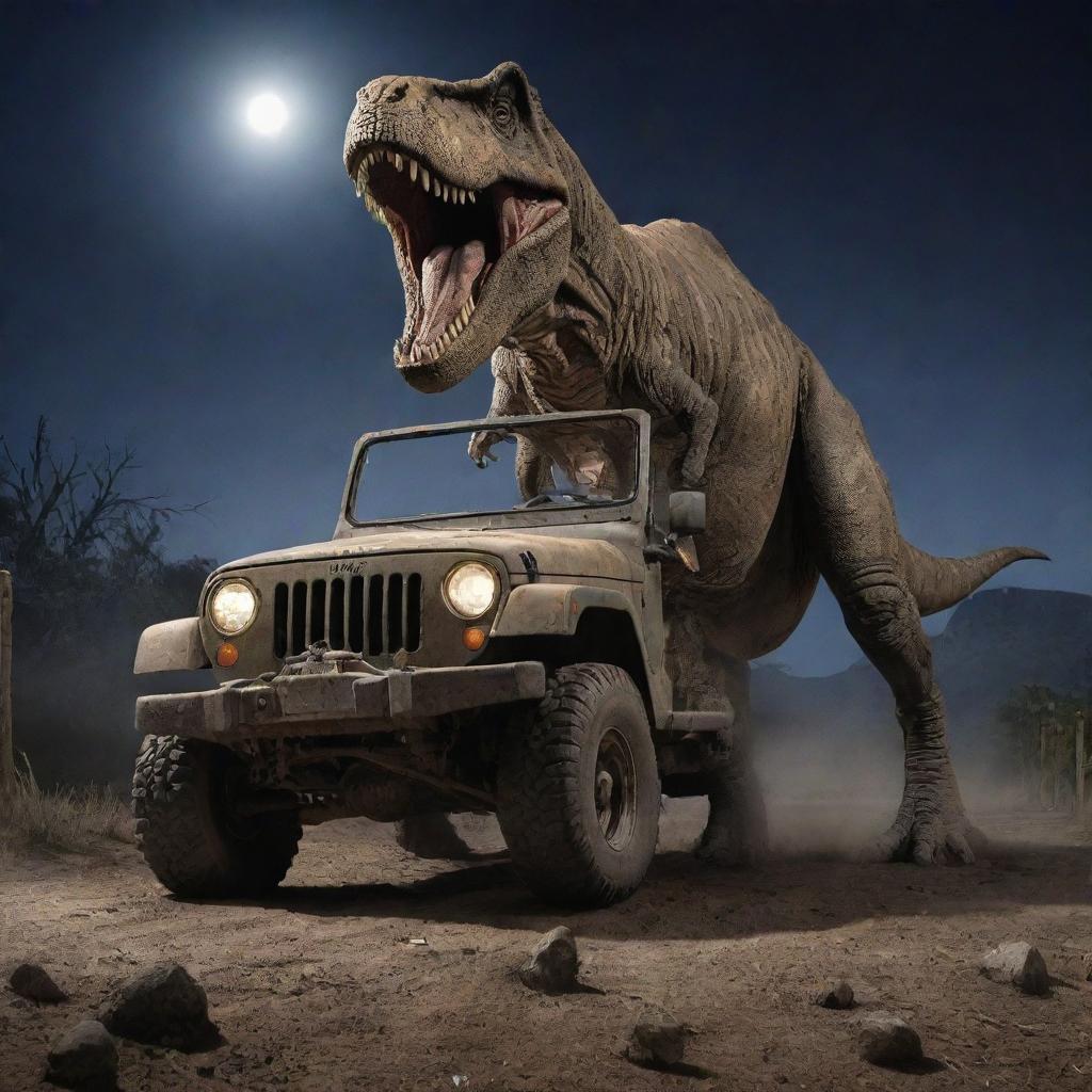 Illustrate a startling scene of Alan Grant at the T-Rex Paddock, his shocked expression lit by the Jeep's headlights revealing the destroyed electrical fence and the missing T-Rex under the bright moonlight.