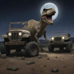 Illustrate a startling scene of Alan Grant at the T-Rex Paddock, his shocked expression lit by the Jeep's headlights revealing the destroyed electrical fence and the missing T-Rex under the bright moonlight.