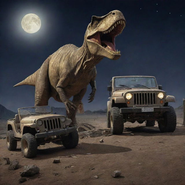 Illustrate a startling scene of Alan Grant at the T-Rex Paddock, his shocked expression lit by the Jeep's headlights revealing the destroyed electrical fence and the missing T-Rex under the bright moonlight.