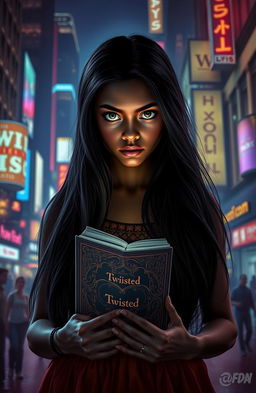 A mysterious dark-skinned girl standing in a vibrant city at night, surrounded by neon lights and shadows