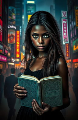 A mysterious dark-skinned girl standing in a vibrant city at night, surrounded by neon lights and shadows