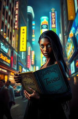 A mysterious dark-skinned girl standing in a vibrant city at night, surrounded by neon lights and shadows