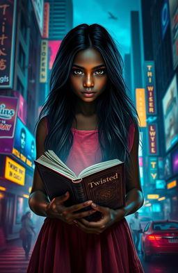 A mysterious dark-skinned girl standing in a vibrant city at night, surrounded by neon lights and shadows