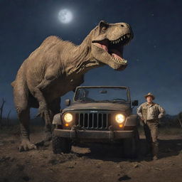 Illustrate a startling scene of Alan Grant at the T-Rex Paddock, his shocked expression lit by the Jeep's headlights revealing the destroyed electrical fence and the missing T-Rex under the bright moonlight.