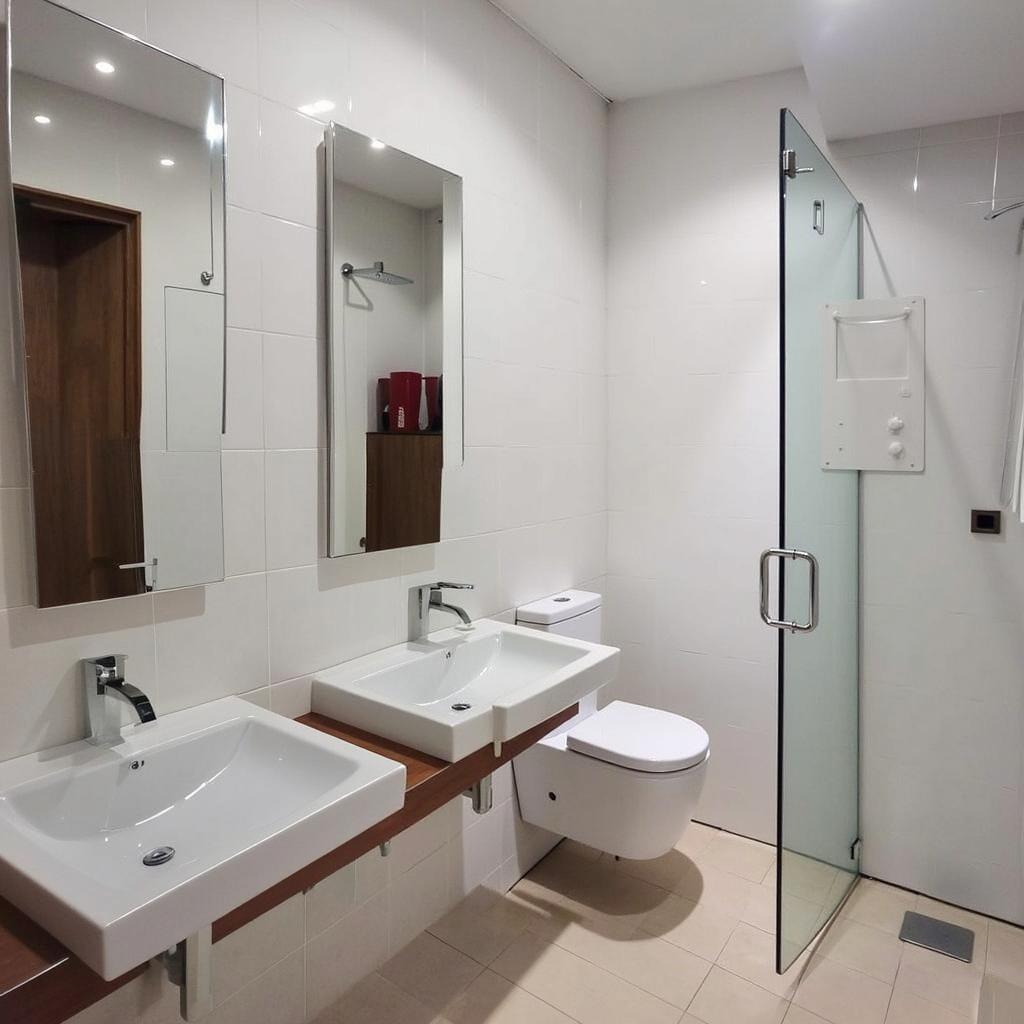 A modern public bathroom featuring a sleek and minimalist design