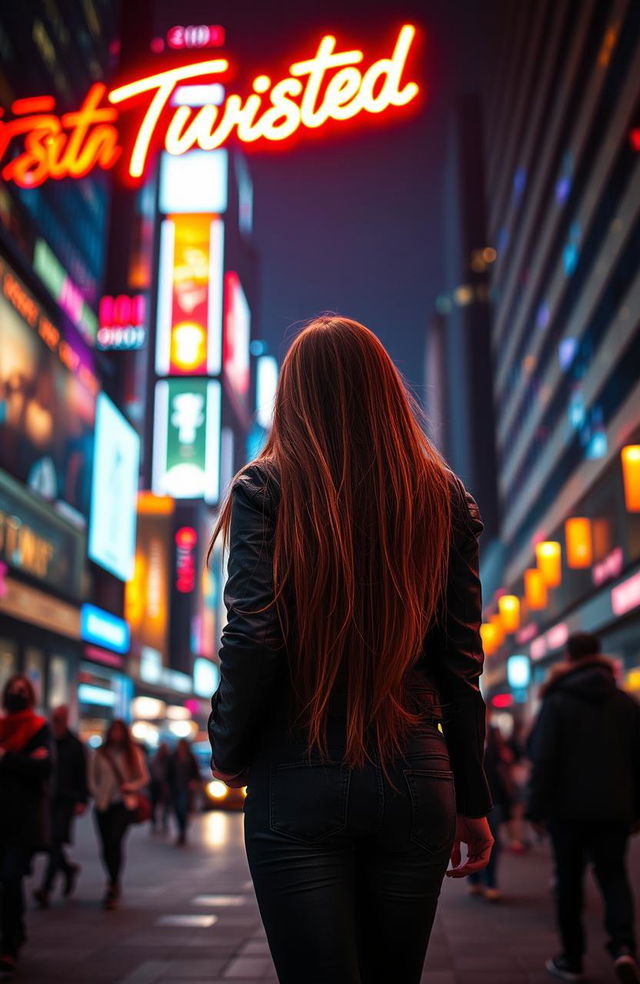 A captivating scene featuring the back of a girl standing in a bustling city at night