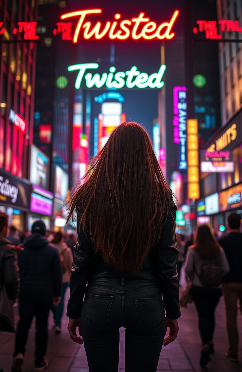 A captivating scene featuring the back of a girl standing in a bustling city at night