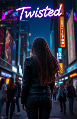 A captivating scene featuring the back of a girl standing in a bustling city at night