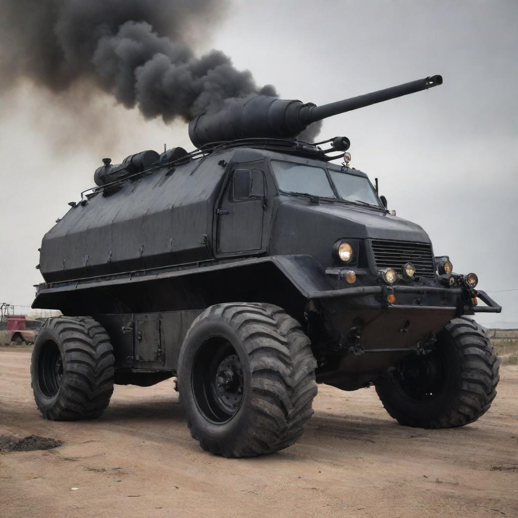 An Oilpunk armored vehicle, grounded in the grimy aesthetics of early oil industries. The vehicle exudes raw power with dark, oil-slicked armor, piston-driven mechanics, large exhausts billowing black smoke, and oil leaks adding an authentic touch