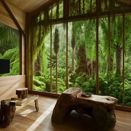 A room styled with influence from nature, featuring natural wood furniture, green palm plants, mossy wall decor, and sunny, large windows overlooking a scenic forest.