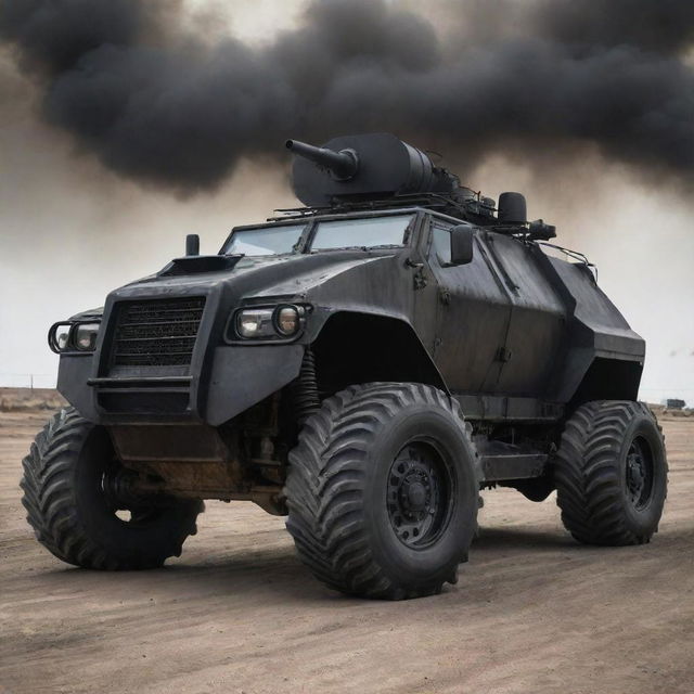 An Oilpunk armored vehicle, grounded in the grimy aesthetics of early oil industries. The vehicle exudes raw power with dark, oil-slicked armor, piston-driven mechanics, large exhausts billowing black smoke, and oil leaks adding an authentic touch