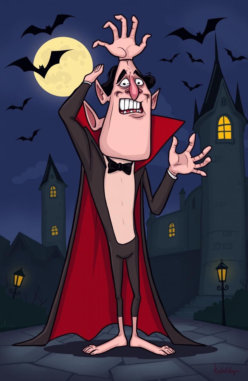 A humorous and surreal illustration of Dracula attempting to perform an impossible feat of flexibility, portrayed in an exaggerated cartoon style