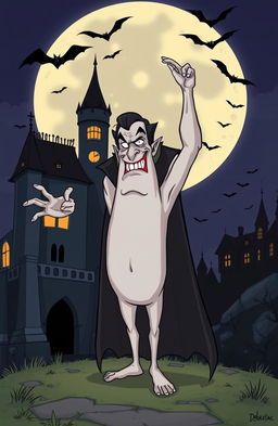 A humorous and surreal illustration of Dracula attempting to perform an impossible feat of flexibility, portrayed in an exaggerated cartoon style