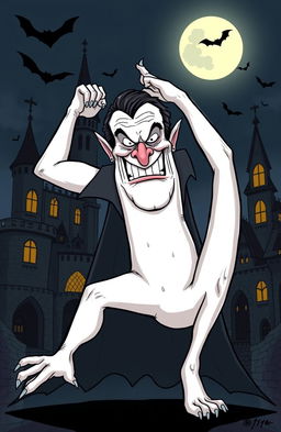 A humorous and surreal illustration of Dracula attempting to perform an impossible feat of flexibility, portrayed in an exaggerated cartoon style