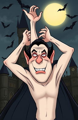A humorous and surreal illustration of Dracula attempting to perform an impossible feat of flexibility, portrayed in an exaggerated cartoon style