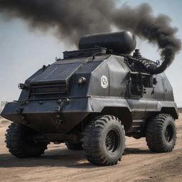 An Oilpunk armored vehicle, grounded in the grimy aesthetics of early oil industries. The vehicle exudes raw power with dark, oil-slicked armor, piston-driven mechanics, large exhausts billowing black smoke, and oil leaks adding an authentic touch