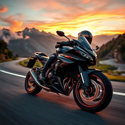 A powerful motorcycle cruising down a scenic mountain road during sunset, vibrant orange and pink skies reflecting on the sleek, polished surface of the bike