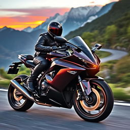 A powerful motorcycle cruising down a scenic mountain road during sunset, vibrant orange and pink skies reflecting on the sleek, polished surface of the bike