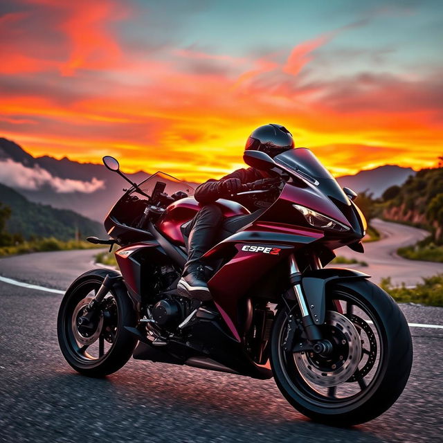 A powerful motorcycle cruising down a scenic mountain road during sunset, vibrant orange and pink skies reflecting on the sleek, polished surface of the bike