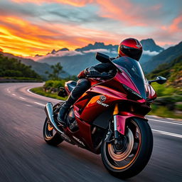 A powerful motorcycle cruising down a scenic mountain road during sunset, vibrant orange and pink skies reflecting on the sleek, polished surface of the bike