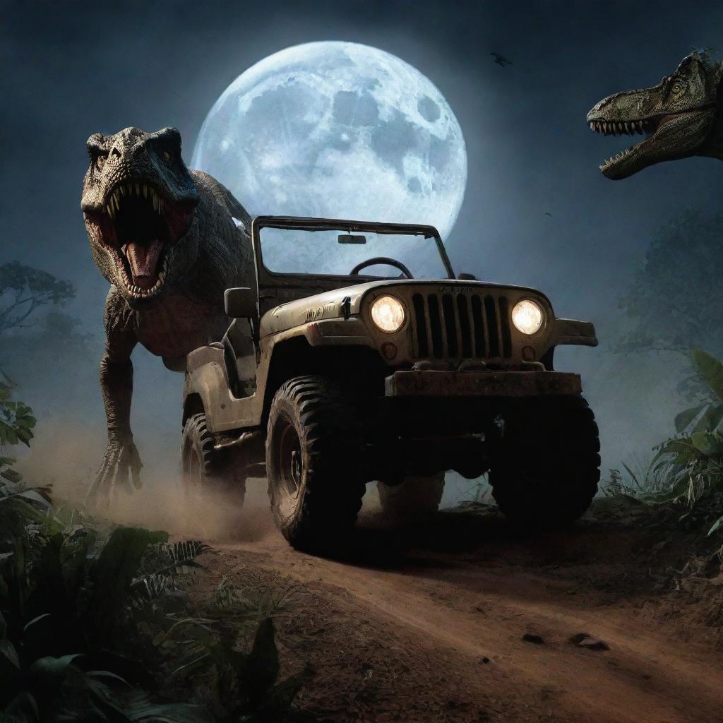 Generate a high-adrenaline image of Alan Grant fleeing in his Jeep, glancing back in terror at the T-Rex emerging from the jungle and chasing him under the stark moonlight.