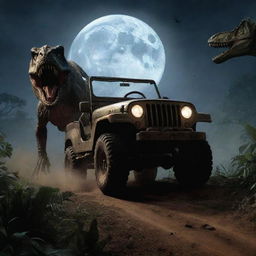 Generate a high-adrenaline image of Alan Grant fleeing in his Jeep, glancing back in terror at the T-Rex emerging from the jungle and chasing him under the stark moonlight.