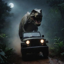 Generate a high-adrenaline image of Alan Grant fleeing in his Jeep, glancing back in terror at the T-Rex emerging from the jungle and chasing him under the stark moonlight.