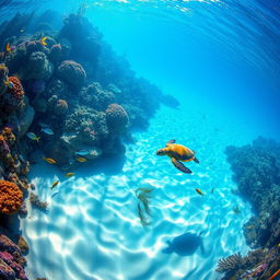 A mesmerizing underwater scene depicting a vibrant coral reef teeming with life, showcasing colorful fish in shades of blue, yellow, and orange darting among the coral formations