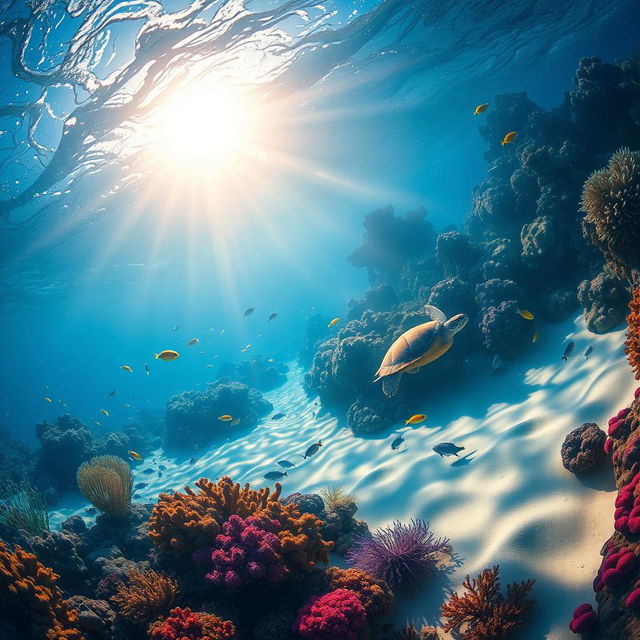 A mesmerizing underwater scene depicting a vibrant coral reef teeming with life, showcasing colorful fish in shades of blue, yellow, and orange darting among the coral formations