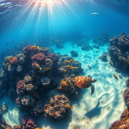 A mesmerizing underwater scene depicting a vibrant coral reef teeming with life, showcasing colorful fish in shades of blue, yellow, and orange darting among the coral formations