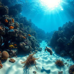 A mesmerizing underwater scene depicting a vibrant coral reef teeming with life, showcasing colorful fish in shades of blue, yellow, and orange darting among the coral formations